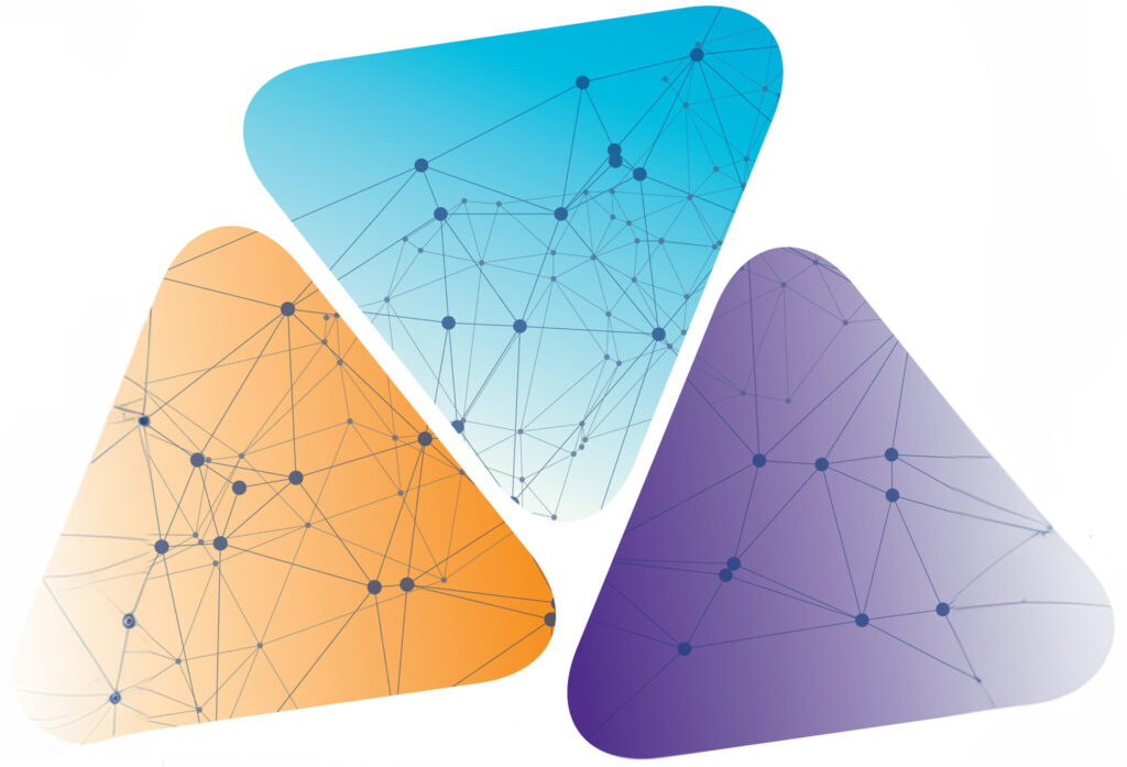 Thematic Digital Competency Centres three colour logo without text with three rounded triangles in light blue, purple and orange. All three contain many dark blue dots linked with blue lines to visually represent a network of nodes or a graph.
